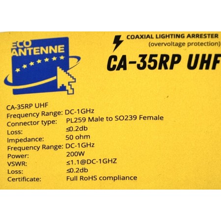ECO ANTENNE CA-35RP UHF per protezione dai fulmini, conn. SO239-PL259 ECO ANTENNE CA-35RP UHF per protezione dai fulmini, conn. SO239-PL259