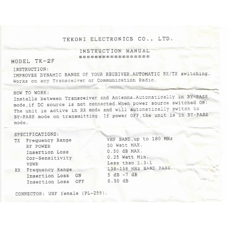 Filtre passe-bande Tekoni TK-2F 138-158 MHz avec VOX intégré, N.O.S.