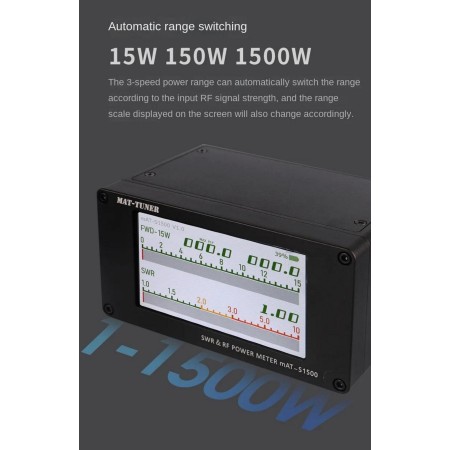 mAT-S1500 mAT-Tuner SWR Meter Wattmètre numérique 1,8-54 MHz 1500 W Écran LCD 4,3 pouces mAT-S1500 mAT-Tuner SWR Meter Wattmètre numérique 1,8-54 MHz 1500 W Écran LCD 4,3 pouces
